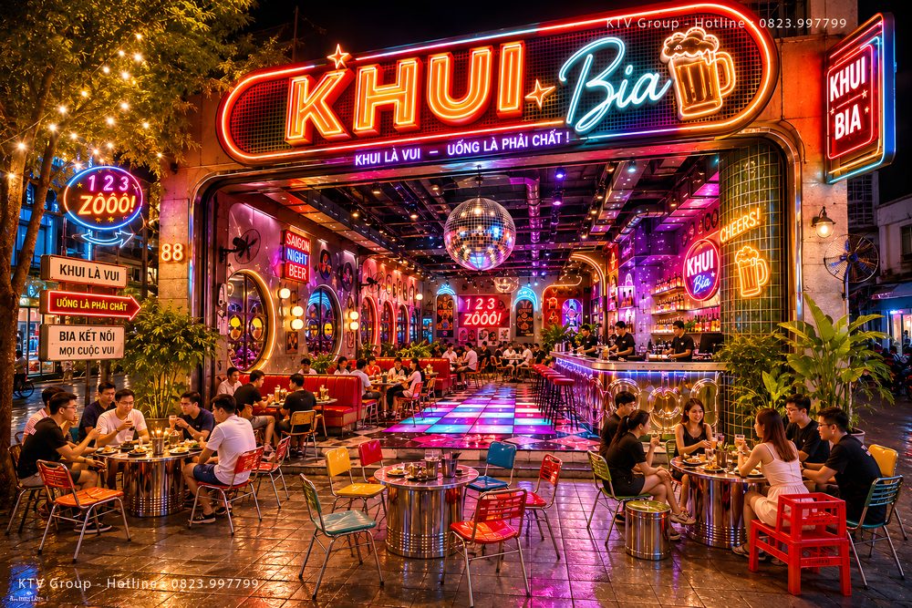 Mẫu thiết kế thi công Beer Garden đẹp với mặt tiền ấn tượng, bảng hiệu LED, khu vực ngoài trời và không gian check-in. 
