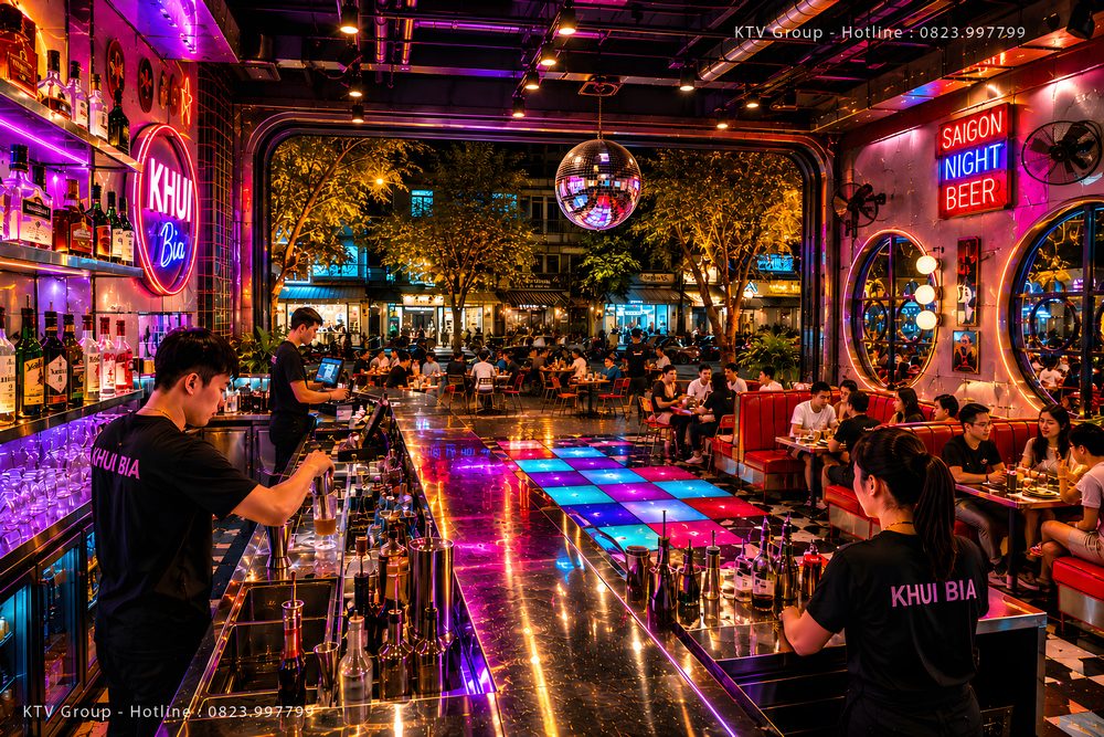 Thi công Beer Food Music trọn gói với quầy bar hiện đại, hệ thống ánh sáng LED, nội thất cao cấp và sân khấu biểu diễn. 