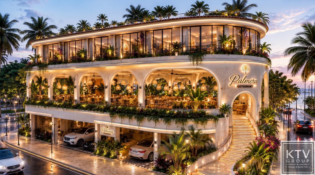 KTV GROUP chuyên thiết kế thi công nhà hàng Tropical Resort trọn gói, tối ưu kiến trúc, nội thất, cảnh quan và công năng vận hành, đáp ứng xu hướng kinh doanh nhà hàng cao cấp hiện đại.