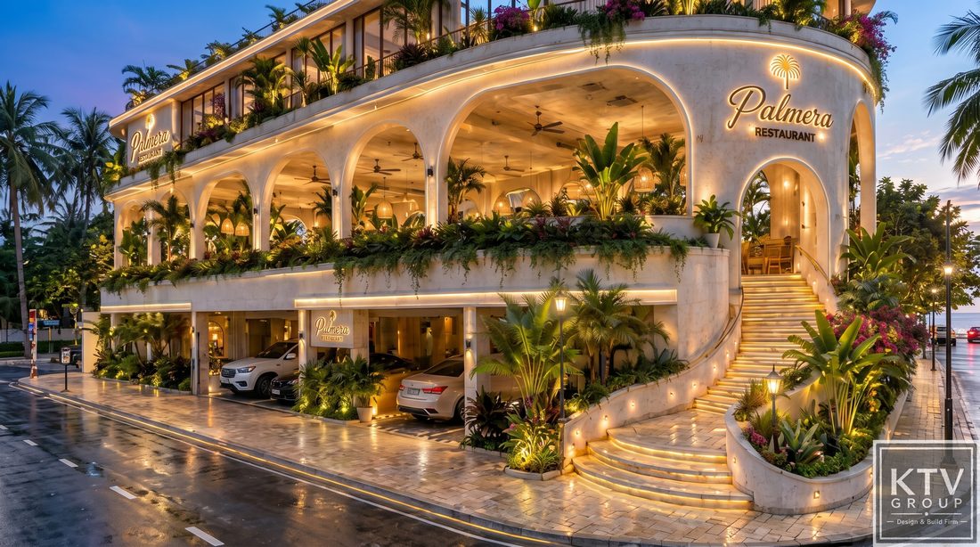 Mẫu thiết kế nhà hàng view biển hiện đại với kiến trúc mở, ban công rộng và không gian ngắm cảnh ấn tượng.