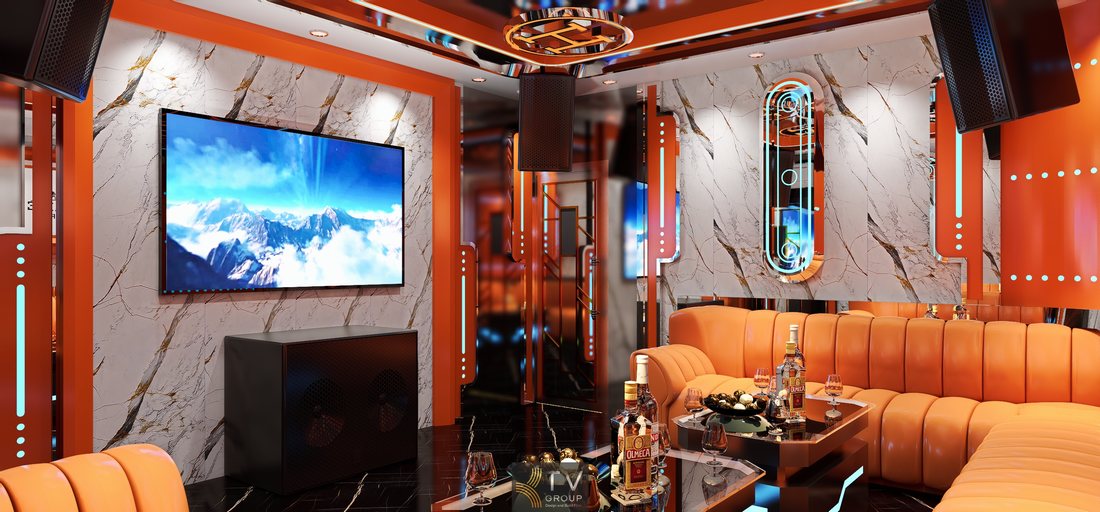 Mẫu phòng karaoke Hermès Paris nổi bật với nội thất cam đặc trưng, hệ trần kim loại trang trí hiện đại và ánh sáng LED trang trí tạo điểm nhấn ấn tượng cho không gian giải trí KTV sang trọng. 