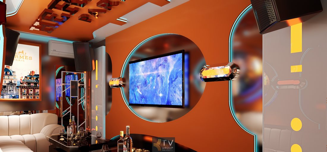Mẫu thiết kế karaoke Hermès Paris phong cách luxury với tông cam đặc trưng, trần trang trí chữ Hermès Paris, hệ đèn LED viền và bố cục phòng karaoke hiện đại.