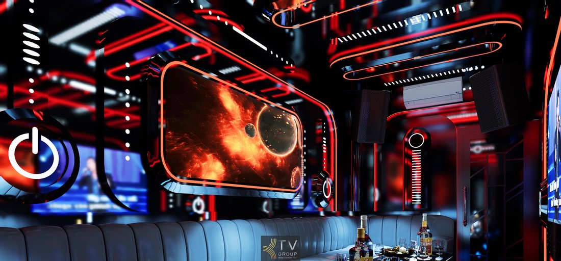 Phòng karaoke Futuristic Galaxy với ánh sáng LED đỏ, màn hình chủ đề vũ trụ và nội thất công nghệ tạo trải nghiệm giải trí độc đáo cho khách.