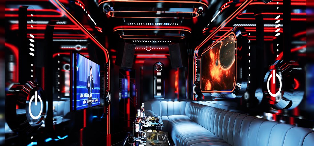 Thiết kế karaoke Futuristic Galaxy tại Hậu Giang với ánh sáng LED đỏ, nội thất công nghệ và màn hình vũ trụ ấn tượng giúp quán karaoke nổi bật và thu hút khách hàng trẻ. 