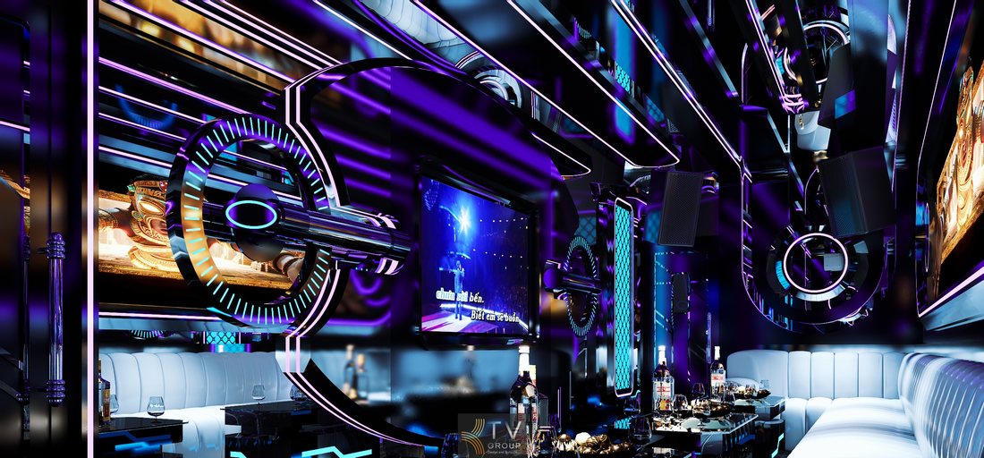 Mẫu thiết kế phòng karaoke hiện đại với trần LED nghệ thuật, màn hình lớn và hệ thống âm thanh chuyên nghiệp, phù hợp mô hình karaoke KTV cao cấp giúp quán karaoke nổi bật và thu hút khách. 