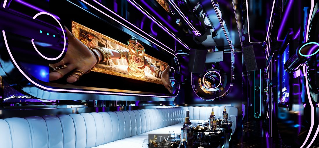 Thiết kế nội thất phòng karaoke concept công nghệ tương lai với ánh sáng neon, sofa cao cấp và hệ thống màn hình karaoke hiện đại, phù hợp quán karaoke kinh doanh cần không gian giải trí ấn tượng. 