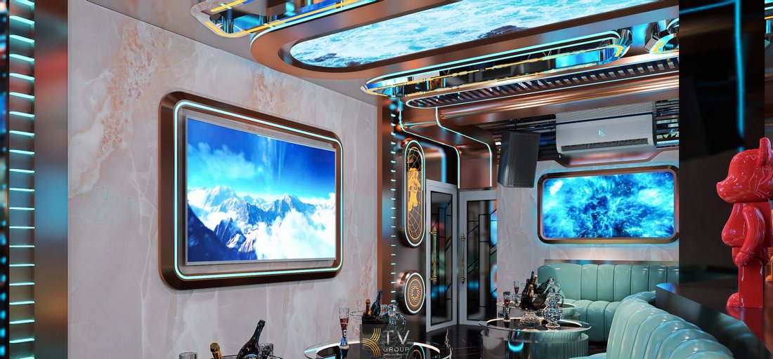 Thiết kế phòng karaoke Galaxy Luxury với màn hình thiên hà xanh nổi bật, nội thất sofa bọc da cao cấp và hệ thống ánh sáng LED công nghệ hiện đại, phù hợp mô hình karaoke KTV kinh doanh tại Bạc Liêu thu hút khách trẻ và khách VIP. 