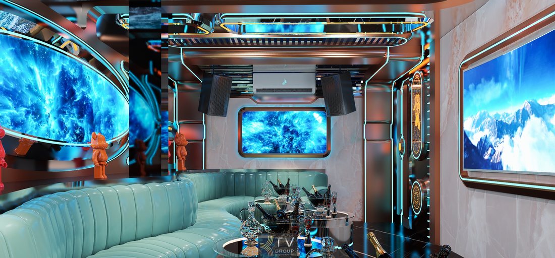 Mẫu thiết kế phòng karaoke cao cấp với ánh sáng LED công nghệ, màn hình karaoke lớn và nội thất sofa màu xanh sang trọng, phù hợp quán karaoke kinh doanh cần không gian giải trí hiện đại tại Bạc Liêu. 