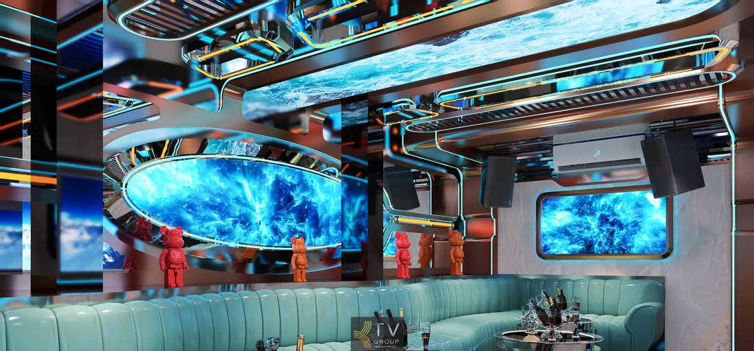 Thiết kế nội thất phòng karaoke KTV phong cách công nghệ Galaxy với màn hình thiên hà, hệ thống âm thanh chuyên nghiệp và ánh sáng LED nổi bật giúp không gian karaoke trở nên sang trọng và thu hút khách. 