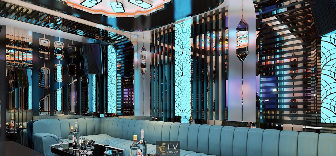 Mẫu thiết kế nội thất phòng karaoke phong cách Neo Art Deco với trần đèn trang trí độc đáo, sofa bọc da cao cấp và bố cục không gian sang trọng phù hợp quán karaoke kinh doanh. 