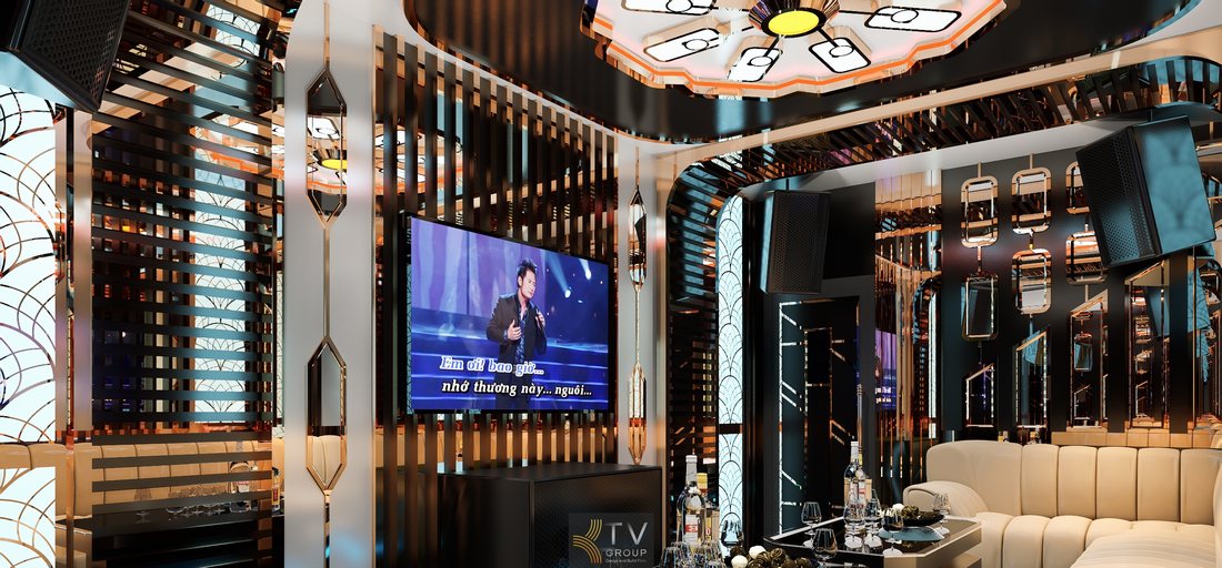 Phòng karaoke cao cấp với màn hình karaoke lớn, hệ thống âm thanh chuyên nghiệp và thiết kế nội thất sang trọng giúp không gian giải trí trở nên hiện đại và thu hút khách. 