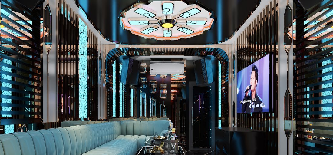 Thiết kế nội thất phòng karaoke KTV phong cách sang trọng với trần trang trí ánh sáng nghệ thuật, sofa bọc da cao cấp và bàn karaoke hiện đại phù hợp mô hình karaoke kinh doanh. 