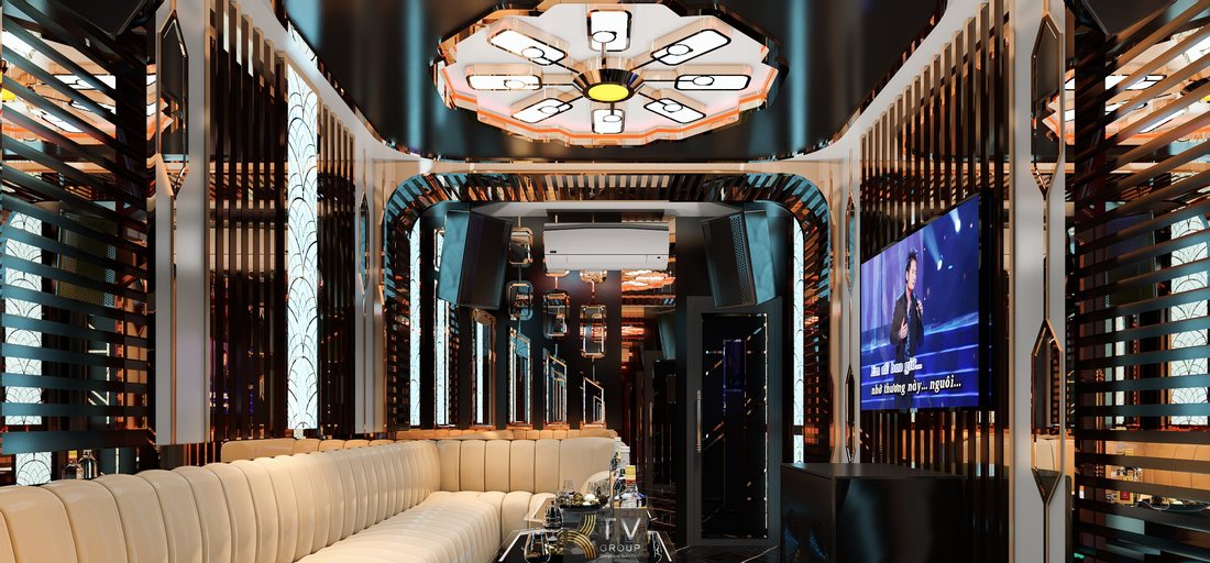 Không gian karaoke concept hiện đại với hệ thống LED trang trí, nội thất sang trọng và bố cục phòng hợp lý giúp quán karaoke tạo trải nghiệm giải trí ấn tượng cho khách. 