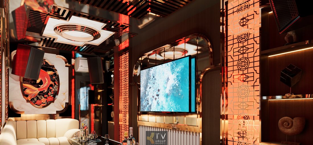 Thiết kế karaoke KTV phong cách Á Đông hiện đại tại TPHCM với tranh cá chép nghệ thuật và hệ đèn LED trang trí sang trọng 