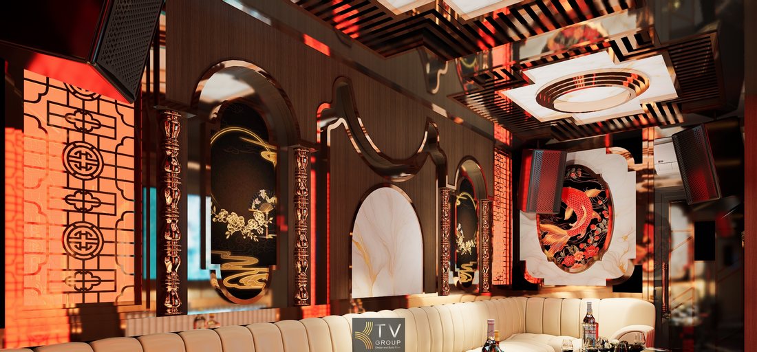 Không gian phòng karaoke KTV phong cách Á Đông hiện đại tại TPHCM với nội thất sofa cao cấp và vách trang trí kim loại 