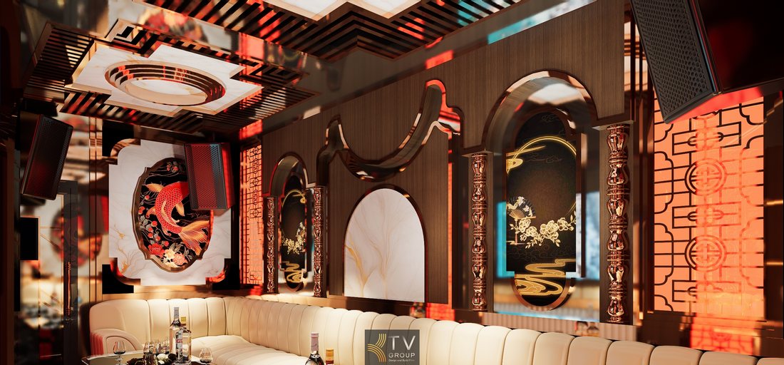 Thiết kế nội thất phòng karaoke KTV Á Đông hiện đại tại TPHCM kết hợp ánh sáng LED và họa tiết trang trí truyền thống 