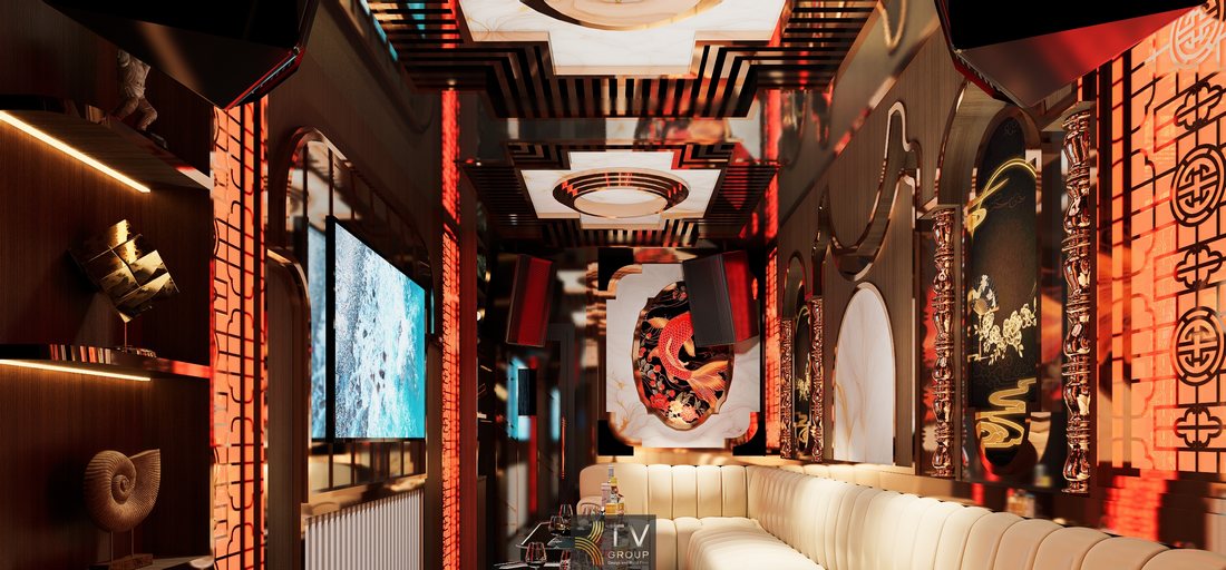 Phòng karaoke KTV phong cách Á Đông hiện đại tại TPHCM với trần trang trí nghệ thuật và hệ vách xuyên sáng 