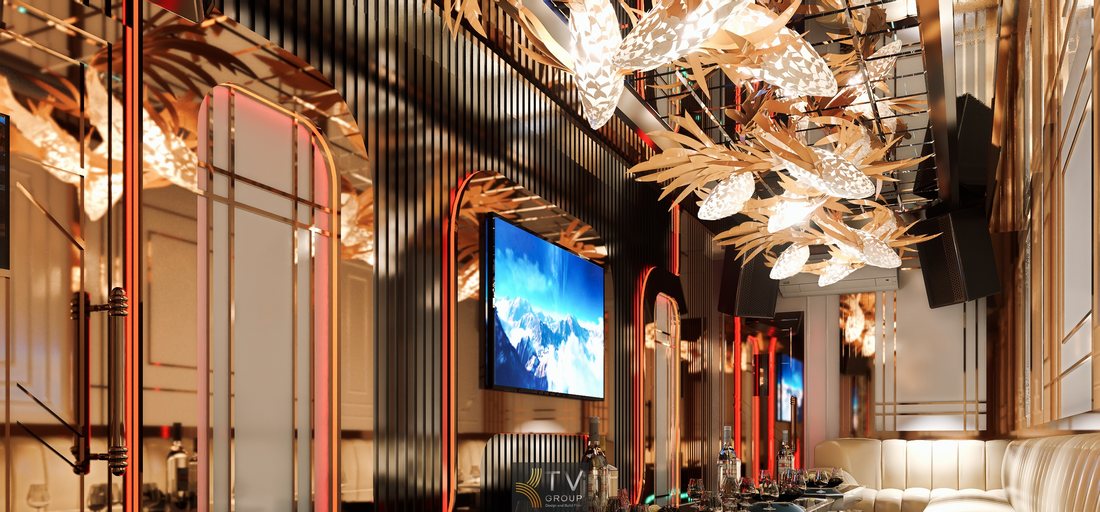 Thiết kế phòng karaoke sang trọng với trần đèn nghệ thuật, tường lam kim loại hiện đại và ánh sáng LED trang trí nổi bật, tạo không gian giải trí cao cấp cho mô hình karaoke KTV kinh doanh.