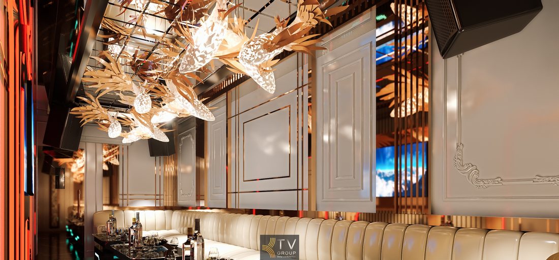 Mẫu phòng karaoke KTV phong cách luxury với trần decor ánh kim nghệ thuật, sofa bọc da cao cấp và hệ ánh sáng LED hiện đại mang lại không gian giải trí đẳng cấp.
