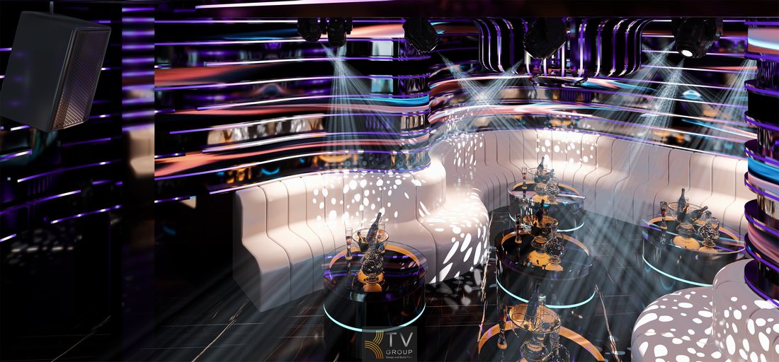 Thiết kế karaoke KTV phong cách futuristic với trần LED uốn cong và sân khấu trung tâm hiện đại 