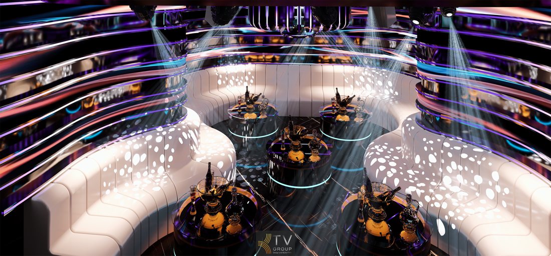 Không gian phòng karaoke cao cấp với ánh sáng LED đa tầng và nội thất sofa bo cong sang trọng  Mẫu thiết kế KTV nightclub tương lai với màn hình LED lớn và hiệu ứng ánh sáng chuyển động 
