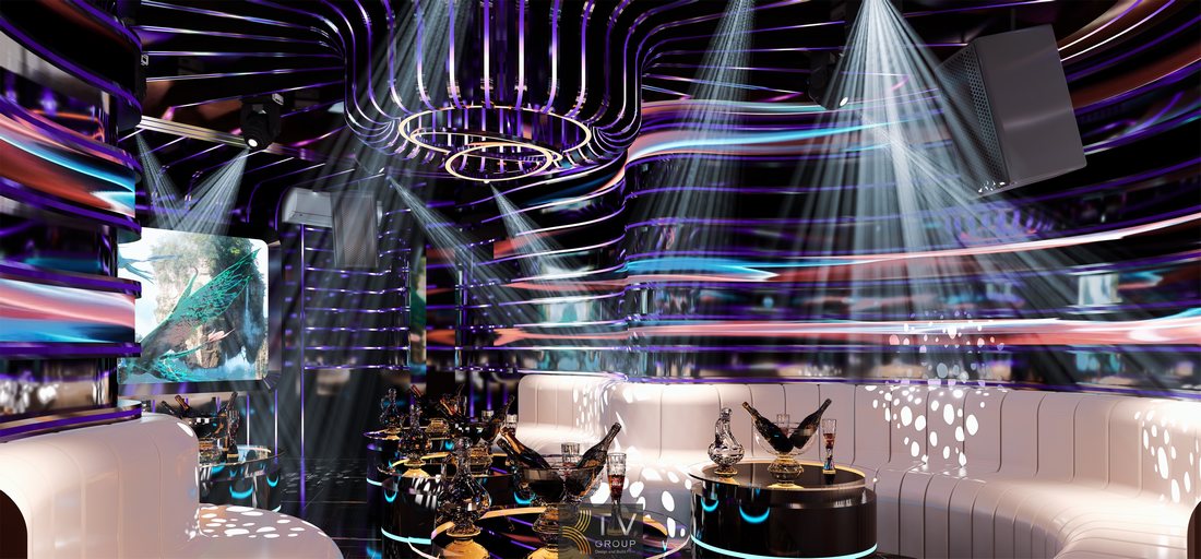 Phòng karaoke phong cách futuristic với trần 3D và hiệu ứng LED đổi màu theo nhạc  Thiết kế karaoke hiện đại tại TP.HCM với sân khấu trung tâm và không gian giải trí cao cấp  Mẫu phòng KTV lounge kết hợp bar mini với ánh sáng laser và màn hình trình chiếu lớn 