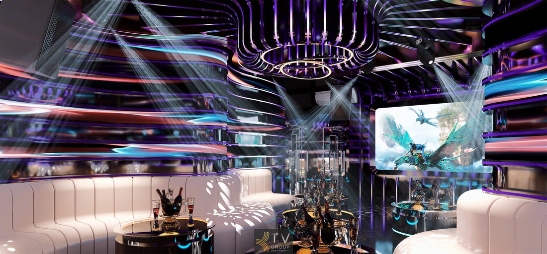 Không gian karaoke sang trọng với hệ trần vòng tròn LED và nội thất tối ưu cho nhóm khách 