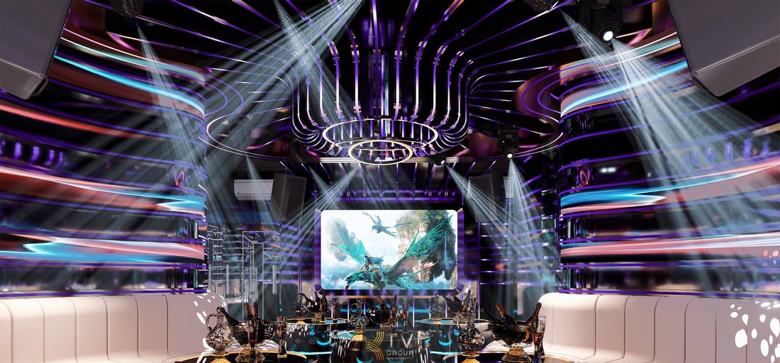 Thiết kế nội thất karaoke cao cấp phong cách nightclub với ánh sáng động và vật liệu phản chiếu 