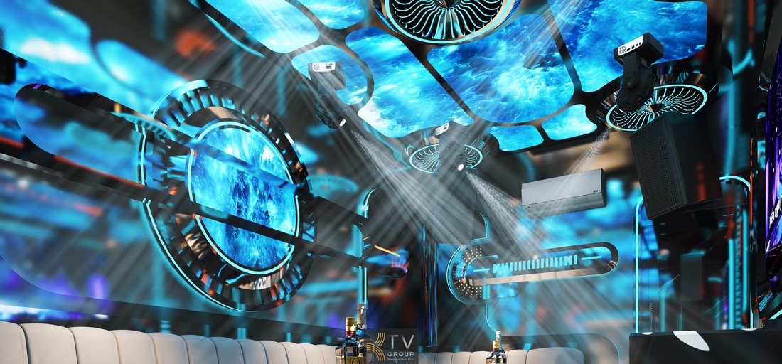 Thi công karaoke KTV cao cấp với thiết kế ánh sáng công nghệ, trần xuyên sáng và hệ khung kim loại tạo không gian ấn tượng, phù hợp mô hình kinh doanh tại TP.HCM 
