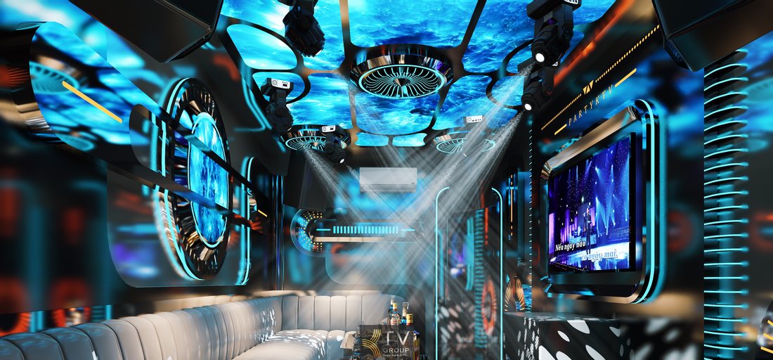 Thi công nội thất karaoke KTV với màn hình trung tâm dạng vòng tròn, ánh sáng LED đa lớp và hiệu ứng sân khấu mang lại trải nghiệm giải trí chuyên nghiệp 