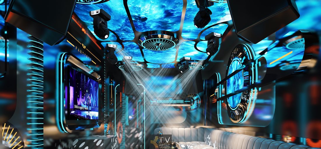 Thi công phòng karaoke phong cách công nghệ ánh sáng với hệ trần độc đáo, thiết bị hiện đại và bố cục không gian tối ưu giúp tăng hiệu quả vận hành kinh doanh