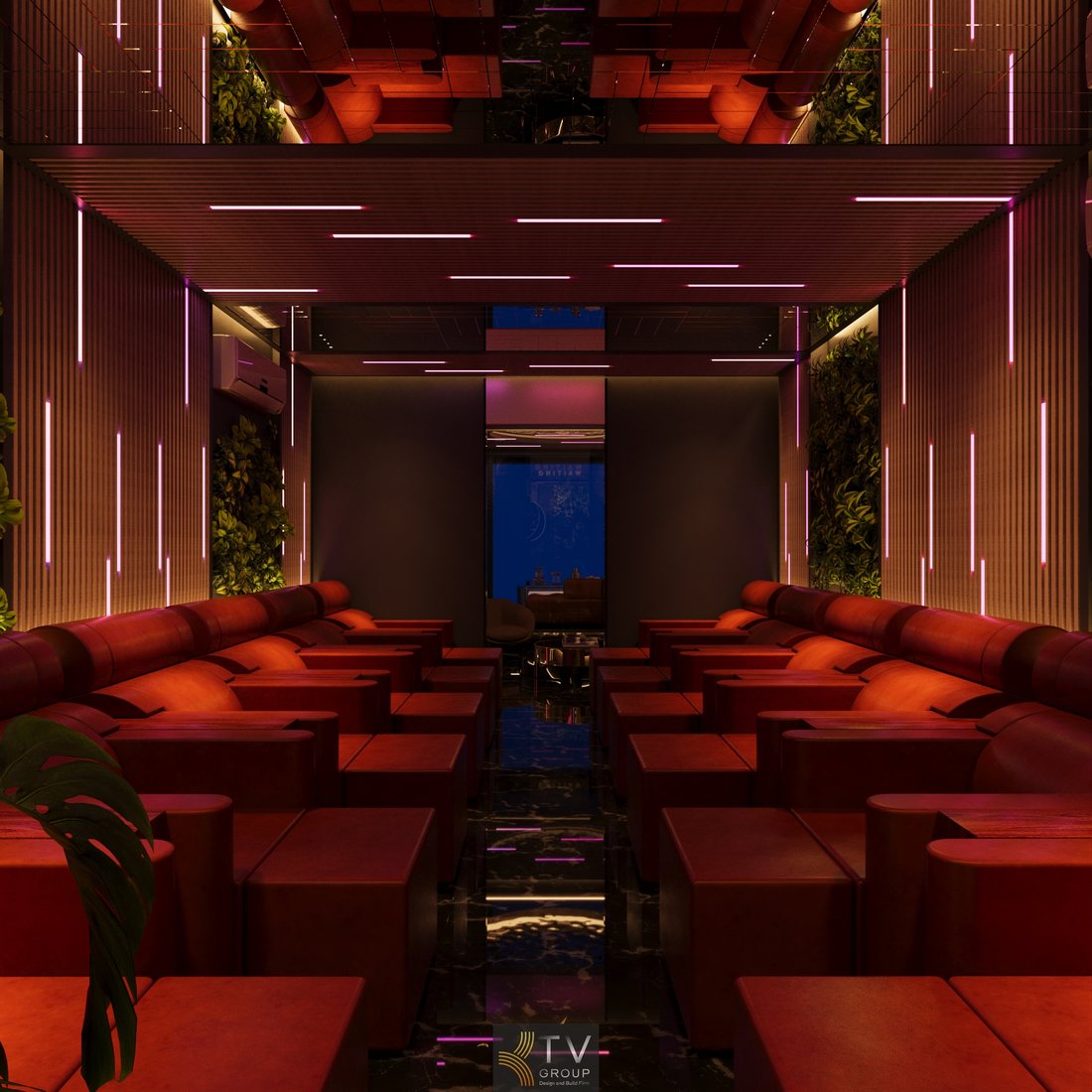 Phòng chờ massage cao cấp tầng 1 phong cách Luxury Ambient với ánh sáng LED đỏ ấm áp và nội thất sofa sang trọng tạo cảm giác thư giãn tối đa 