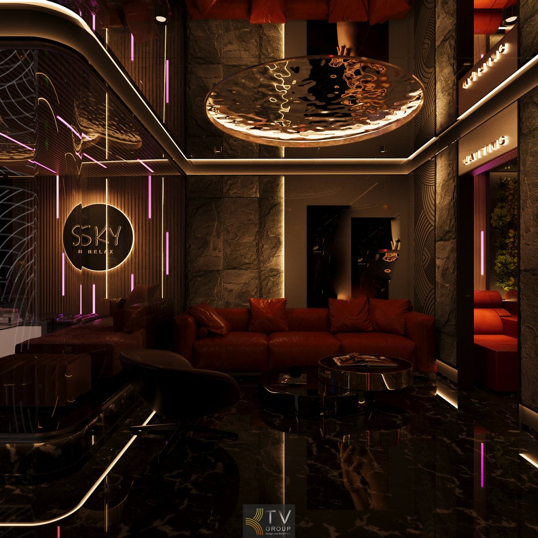 Thiết kế phòng chờ massage với bố cục đối xứng ánh sáng LED tinh tế sàn bóng phản chiếu và mảng xanh tạo không gian thư giãn chuyên nghiệp 