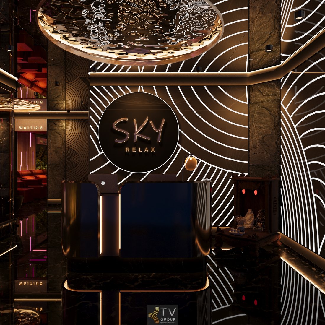 Khu vực chờ spa massage với sofa da đỏ sang trọng, bàn trà tối giản, ánh sáng vàng ấm kết hợp hệ trần nghệ thuật tạo cảm giác thư giãn, riêng tư và nâng tầm trải nghiệm dịch vụ spa cao cấp tại TP.HCM 