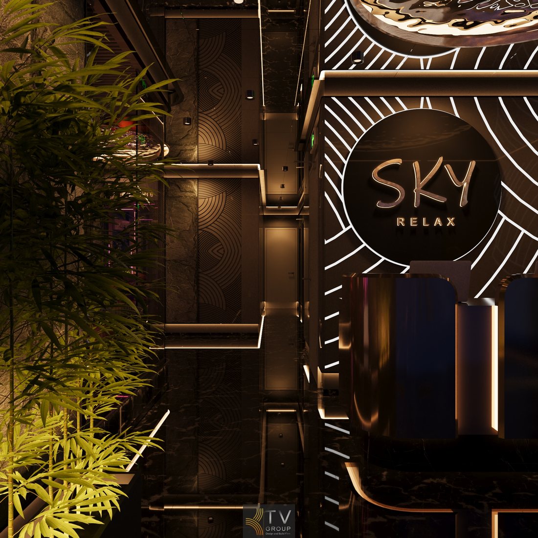 Thiết kế nội thất sảnh spa Luxury Ambient sử dụng đá marble đen, gỗ veneer và ánh sáng LED đa lớp giúp mở rộng không gian, tạo chiều sâu thị giác và mang lại cảm giác cao cấp, chuyên nghiệp cho khách hàng 