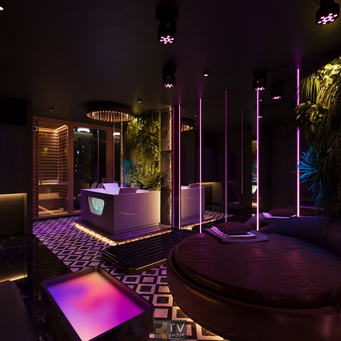 Phòng massage VIP sang trọng với giường trung tâm, ánh sáng LED tím và nội thất cao cấp tại Quận 1 TP.HCM 