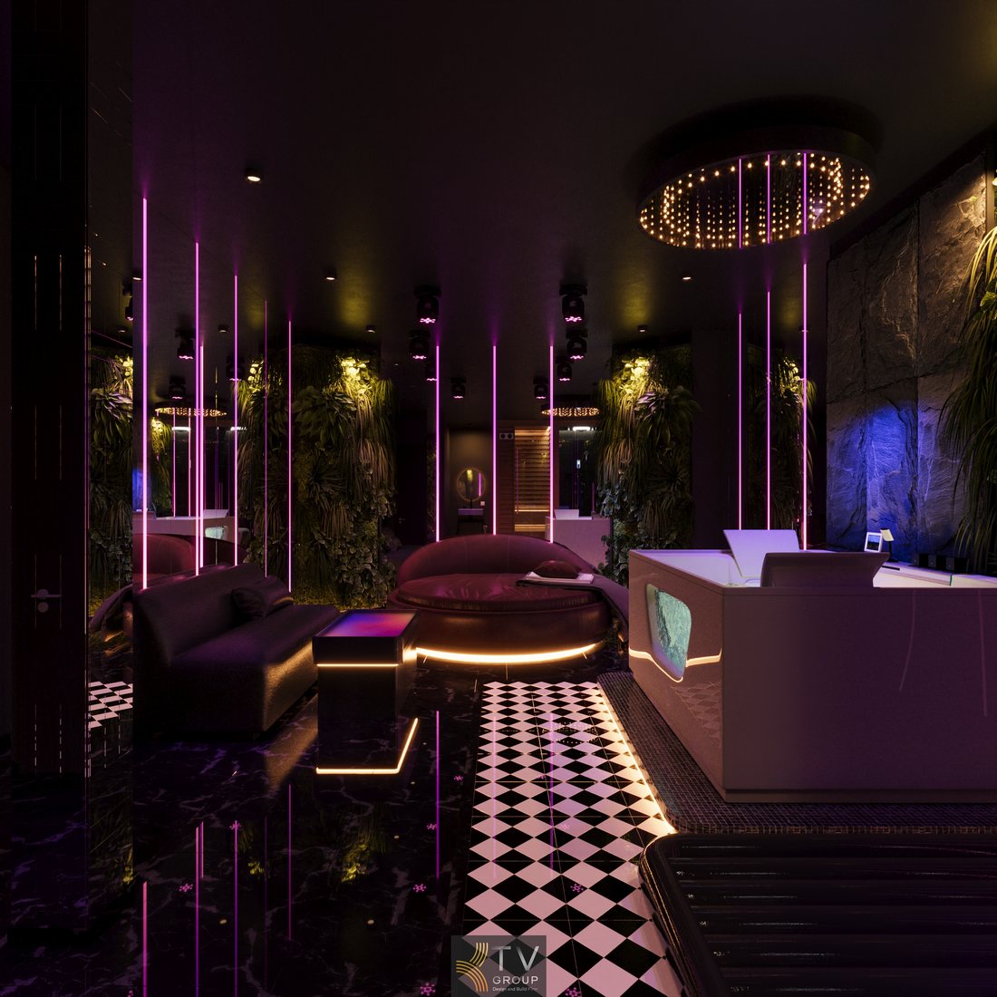 Phòng massage phong cách nightlife với ánh sáng màu nổi bật và bố cục mở sang trọng, thu hút khách hàng  Khu vực giường massage VIP kết hợp ánh sáng LED và decor hiện đại, tạo điểm nhấn trung tâm không gian 