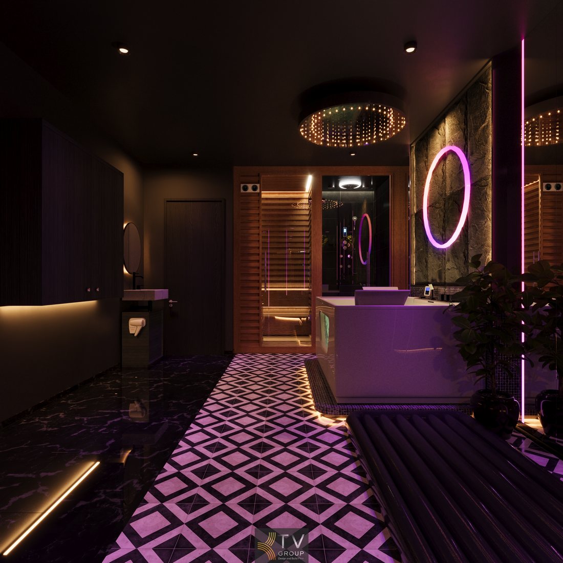 Phòng massage sang trọng với trần đèn trang trí và ánh sáng gián tiếp tạo cảm giác ấm áp, dễ chịu 