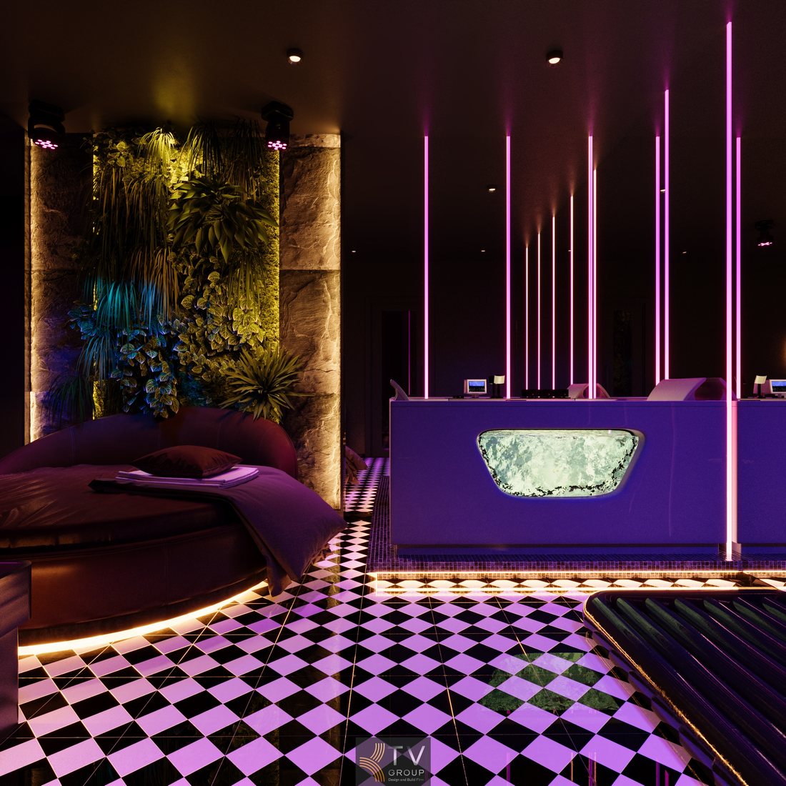 Thiết kế nội thất massage VIP hiện đại với ánh sáng tím chủ đạo, giường massage cao cấp, sàn họa tiết độc đáo và không gian tối ưu diện tích 