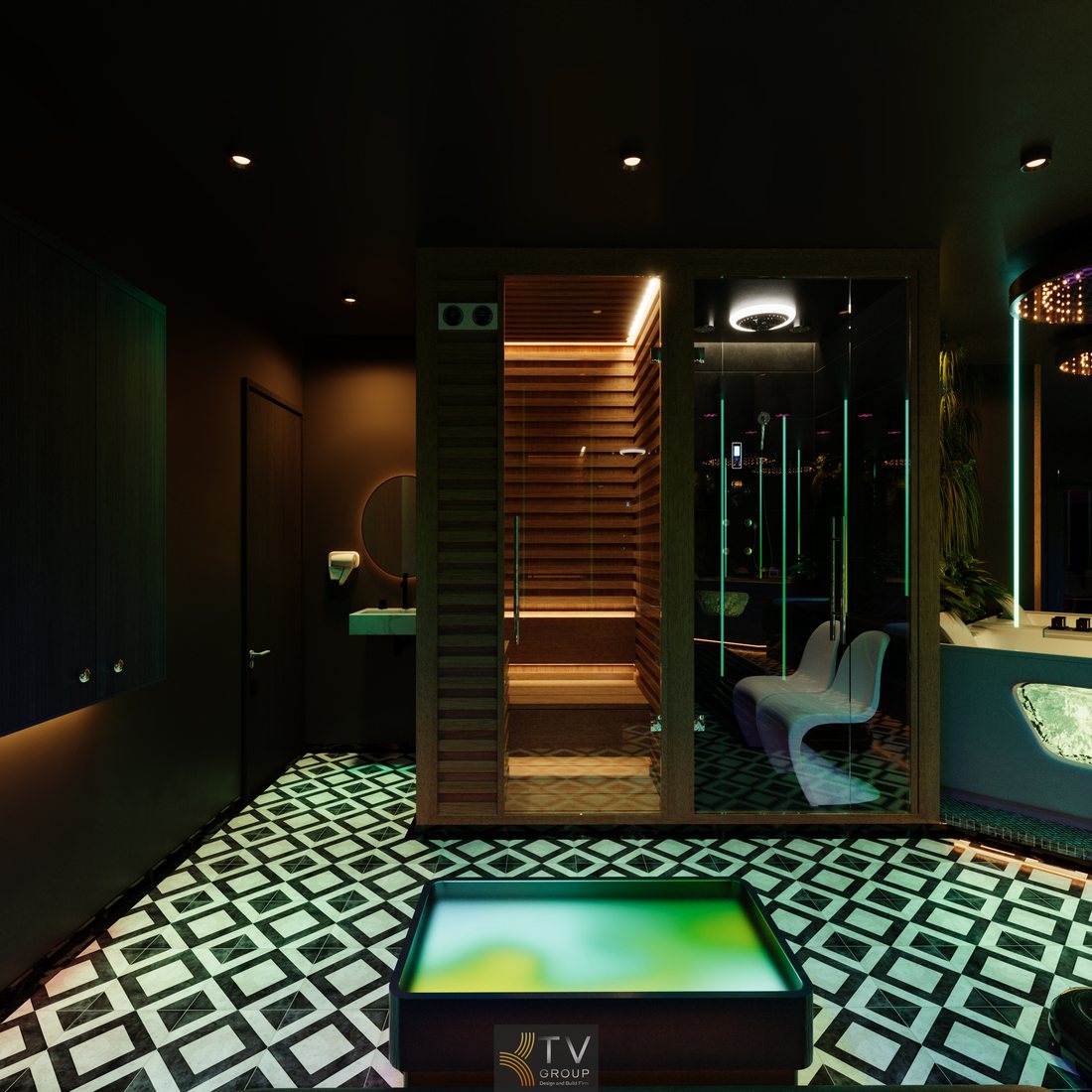 Nội thất phòng massage VIP tích hợp bồn tắm, phòng xông hơi, ánh sáng ambient sang trọng, tối ưu trải nghiệm khách hàng tại TP.HCM 