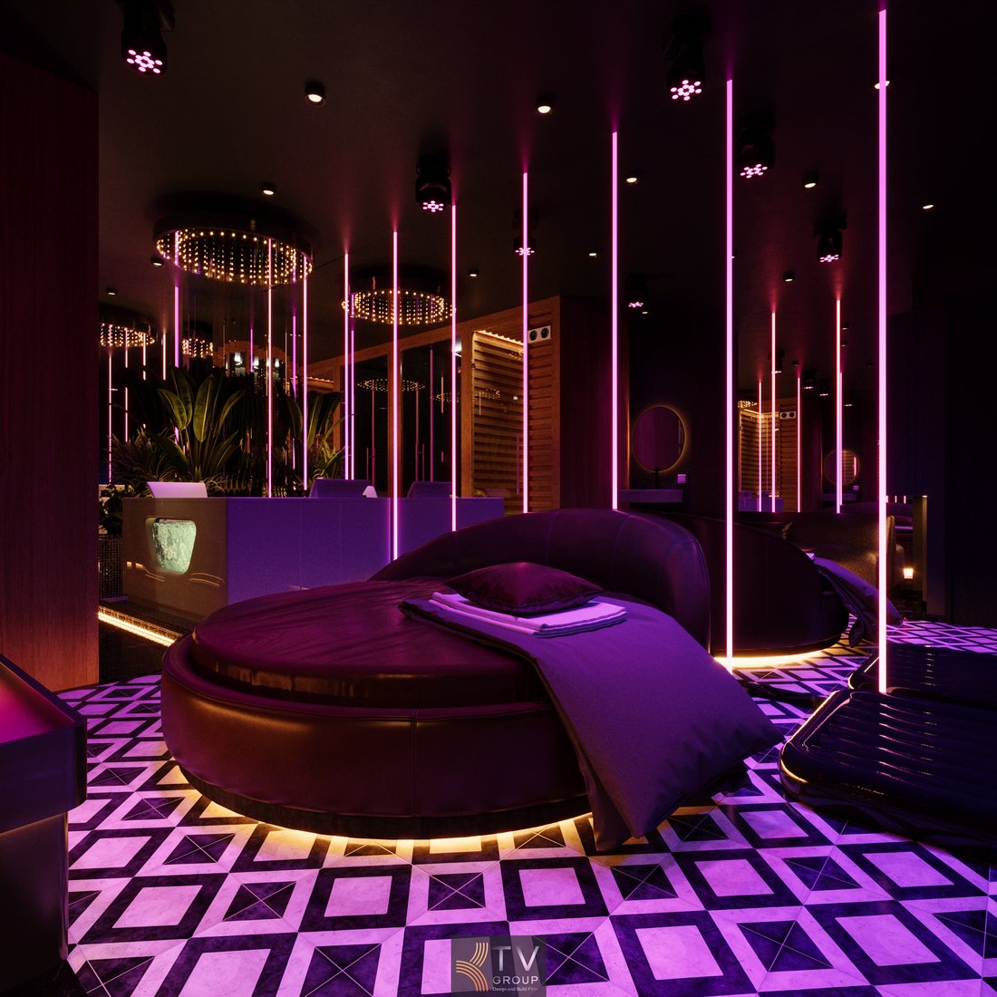 Phòng massage VIP Quận 1 TP.HCM thiết kế Luxury Relaxation với giường tròn trung tâm, ánh sáng tím hồng hiện đại, nội thất cao cấp, tạo không gian thư giãn sang trọng và trải nghiệm khách hàng đẳng cấp 