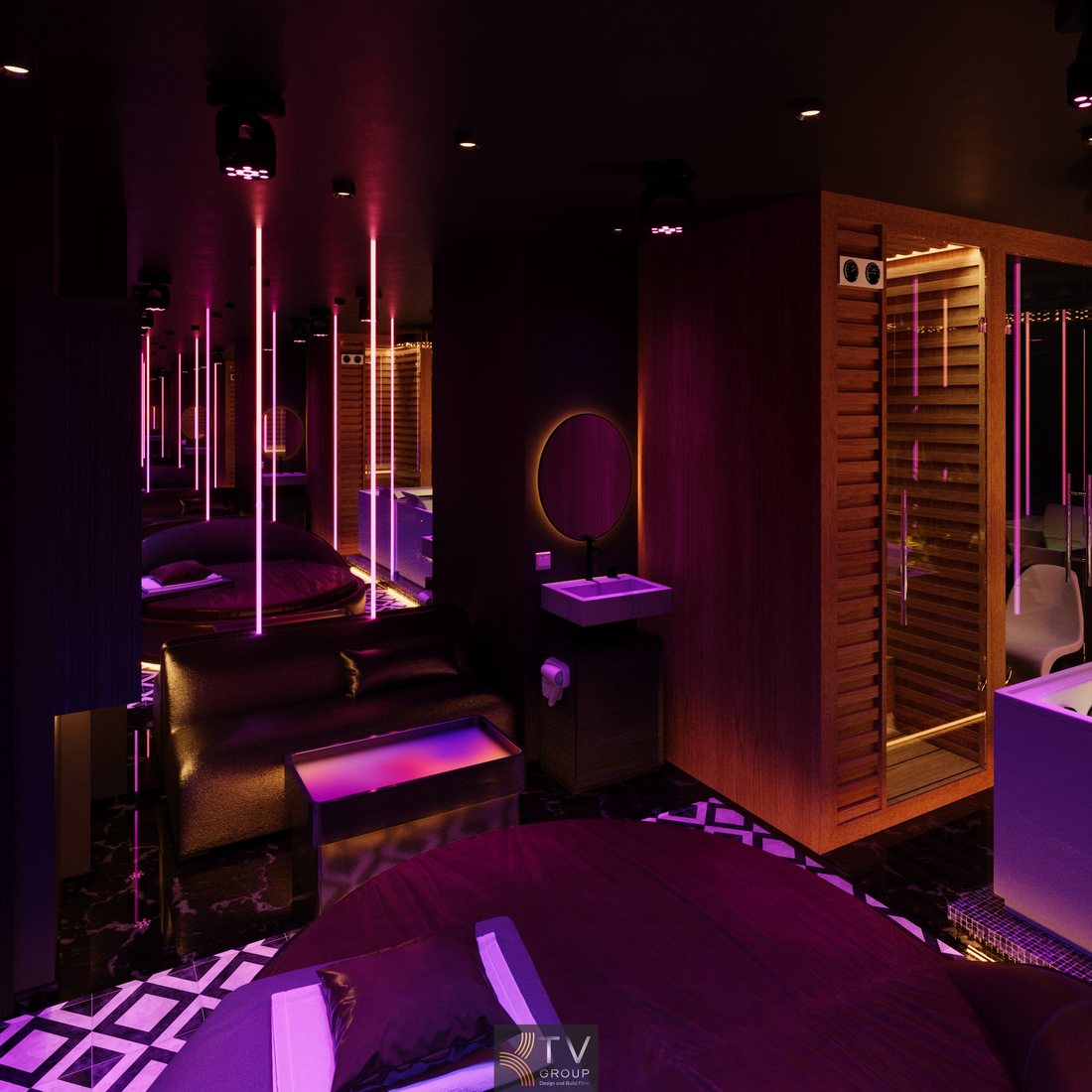 Nội thất phòng massage VIP phong cách Luxury Relaxation tại TP.HCM với hệ đèn LED tím, gương phản chiếu không gian, giường massage cao cấp và bố cục tối ưu cho trải nghiệm riêng tư 