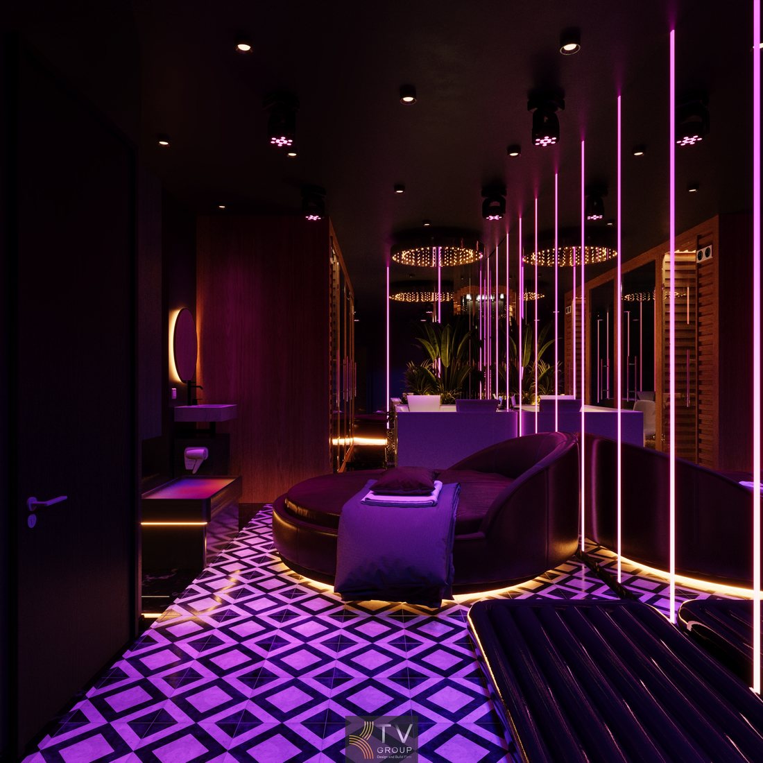Thiết kế phòng massage VIP cao cấp Quận 1 với ánh sáng ambient tím hồng, giường tròn bọc da sang trọng, sàn họa tiết nổi bật và không gian thư giãn hiện đại 