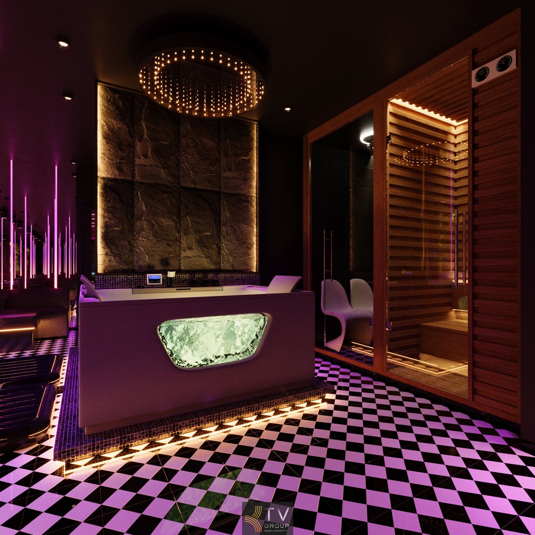 Không gian massage VIP Luxury Relaxation với hệ đèn LED dọc trần độc đáo, giường trung tâm, ánh sáng ấm kết hợp tím tạo cảm xúc thư giãn cao cấp tại TP.HCM 