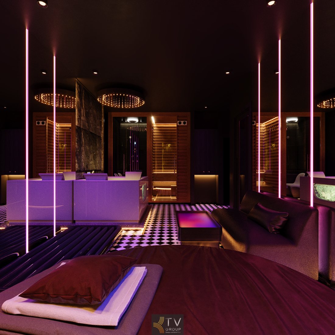 Mẫu thiết kế phòng massage VIP sang trọng tại Quận 1 với gương lớn mở rộng không gian, ánh sáng nghệ thuật và nội thất cao cấp theo phong cách hiện đại 