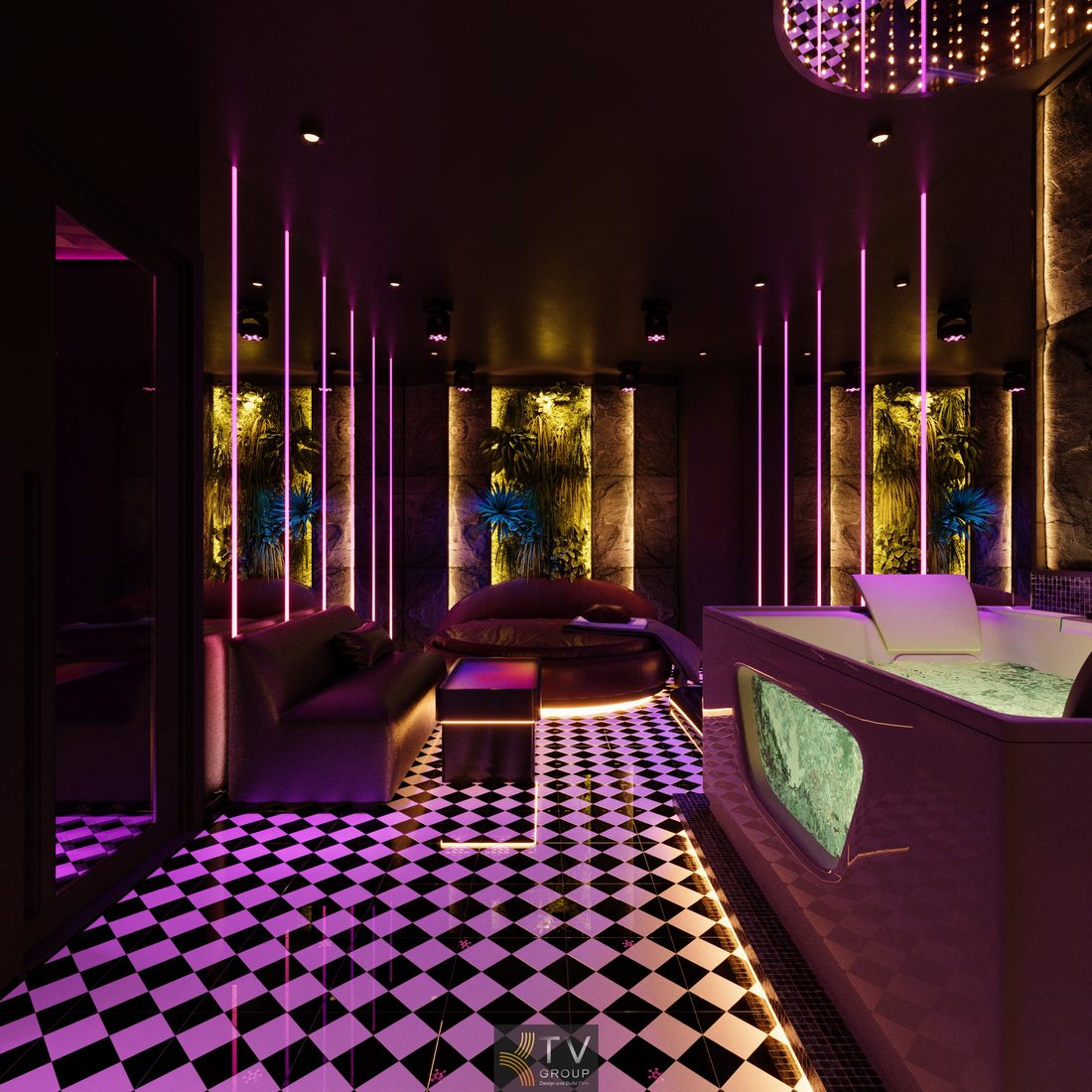 Phòng massage VIP thiết kế tối ưu trải nghiệm khách hàng với giường tròn trung tâm, ánh sáng tím neon, vật liệu da cao cấp và bố trí không gian riêng tư 