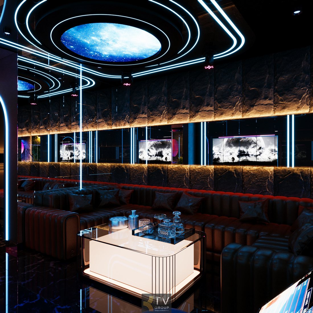 Thiết kế nội thất spa massage kết hợp karaoke với ánh sáng LED line, bồn tắm trung tâm và không gian thư giãn riêng tư 