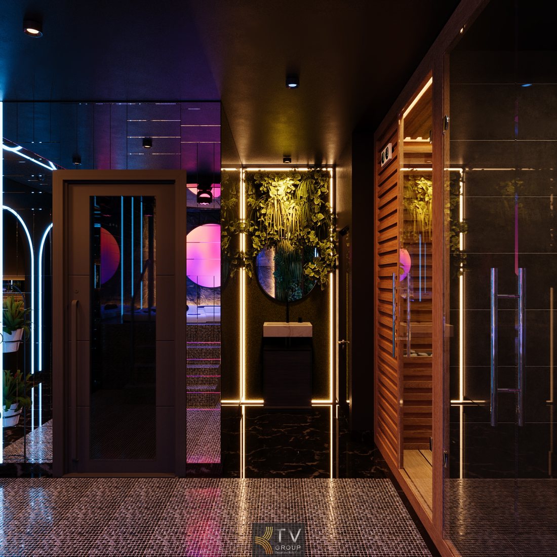 Phòng spa massage karaoke Quận 1 với nội thất sang trọng, ánh sáng neon và bố trí tối ưu diện tích kinh doanh 