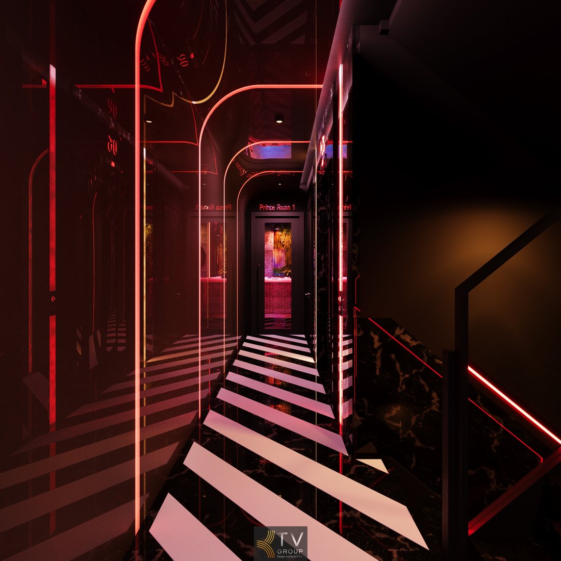 Thiết kế spa massage kết hợp KTV karaoke sang trọng với phòng xông hơi gỗ, bồn tắm lớn và ánh sáng neon nghệ thuật tạo trải nghiệm thư giãn cao cấp tại TP.HCM 