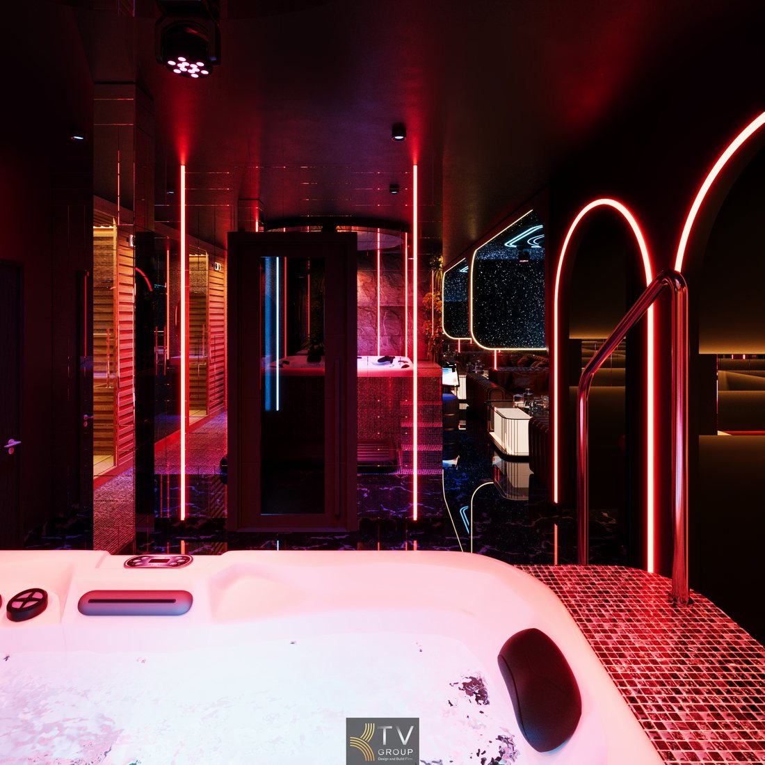 Không gian spa massage tích hợp karaoke với hệ thống LED line xanh, nội thất hiện đại, phòng xông hơi kính và khu thư giãn riêng tư tại Quận 1 